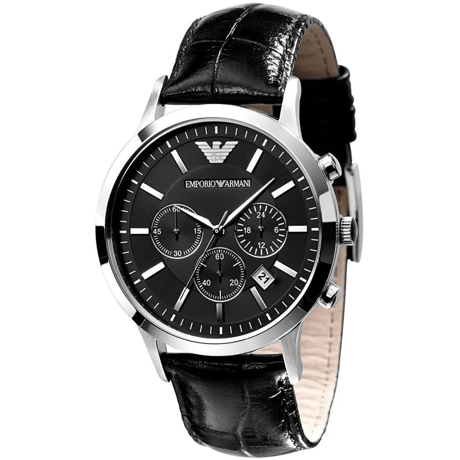 Front view of Emporio Armani AR2447 with black dial and silver-tone case
