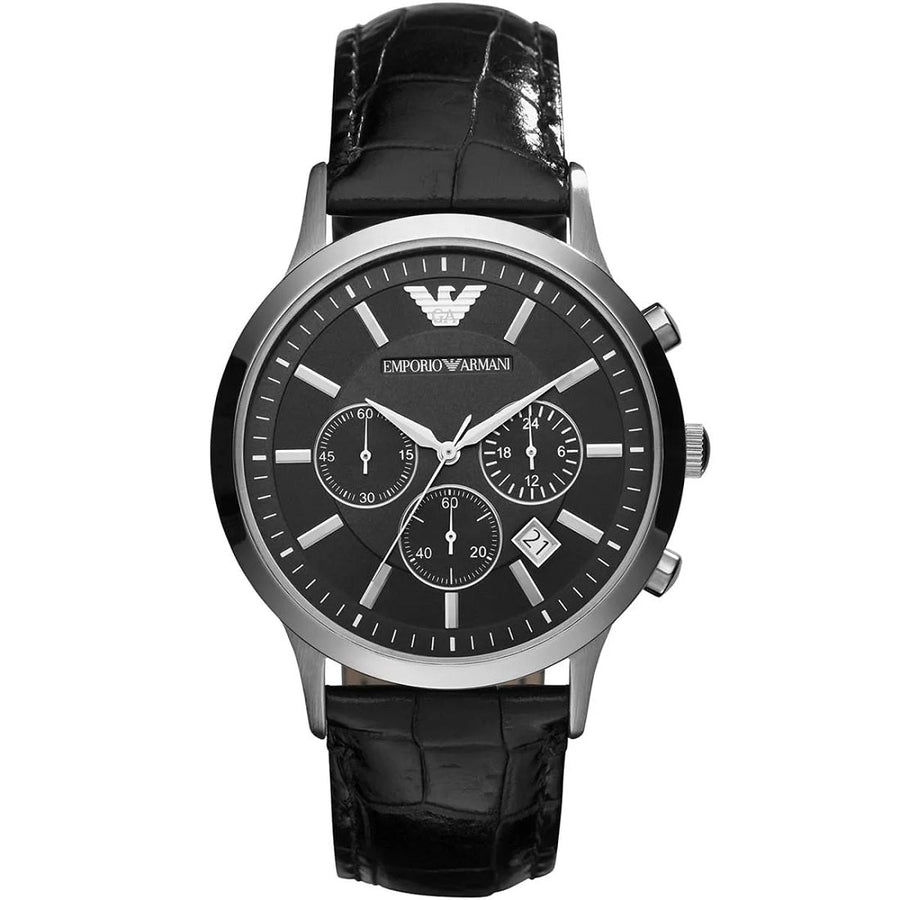 Front view of Emporio Armani AR2447 with black dial and silver-tone case