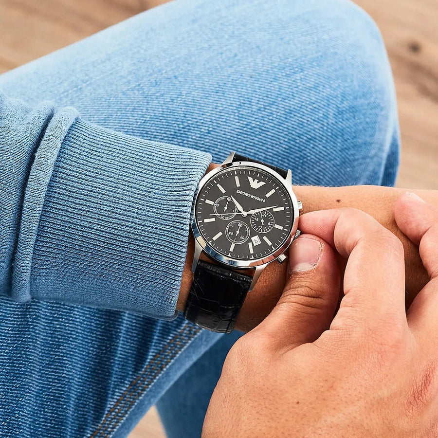Front view of Emporio Armani AR2447 with black dial and silver-tone case