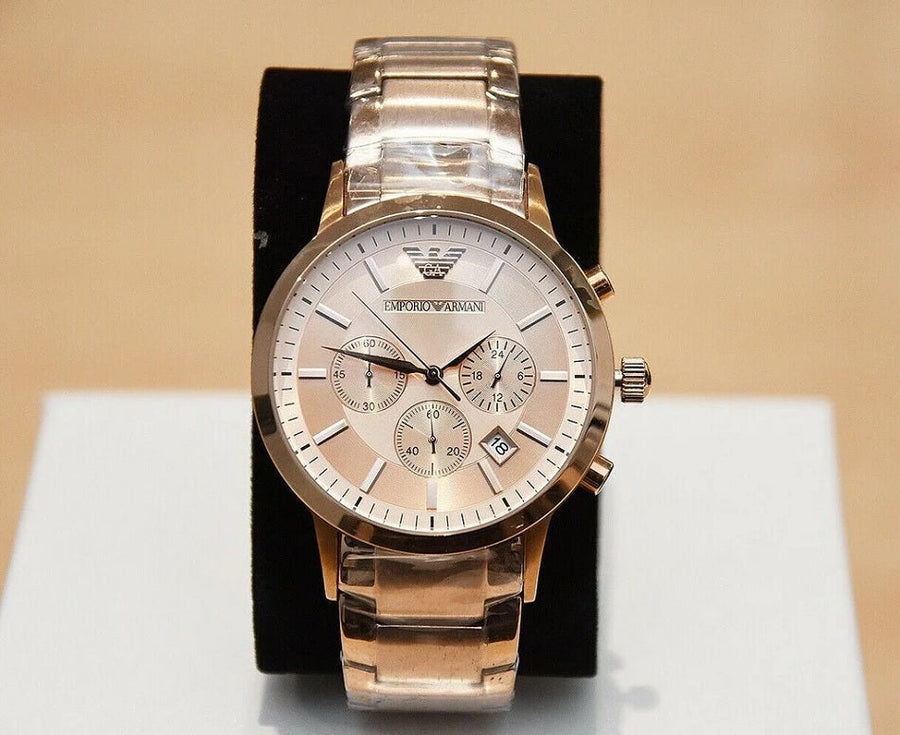 Front view of Emporio Armani AR2452 with rose gold dial and rose gold bracelet