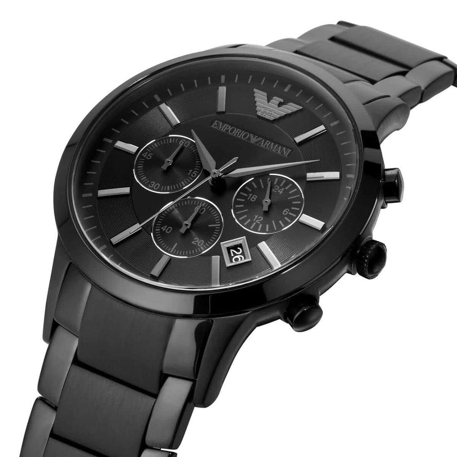 Front view of Emporio Armani AR2453 with black dial and black stainless steel strap