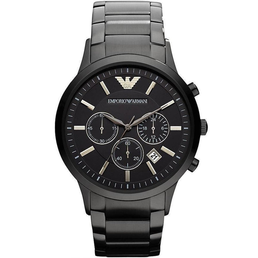 Front view of Emporio Armani AR2453 with black dial and black stainless steel strap