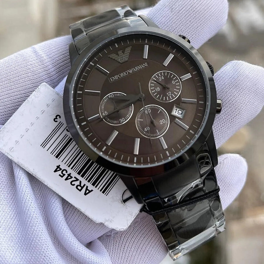 Front view of Emporio Armani AR2454 with grey dial and stainless steel bracelet