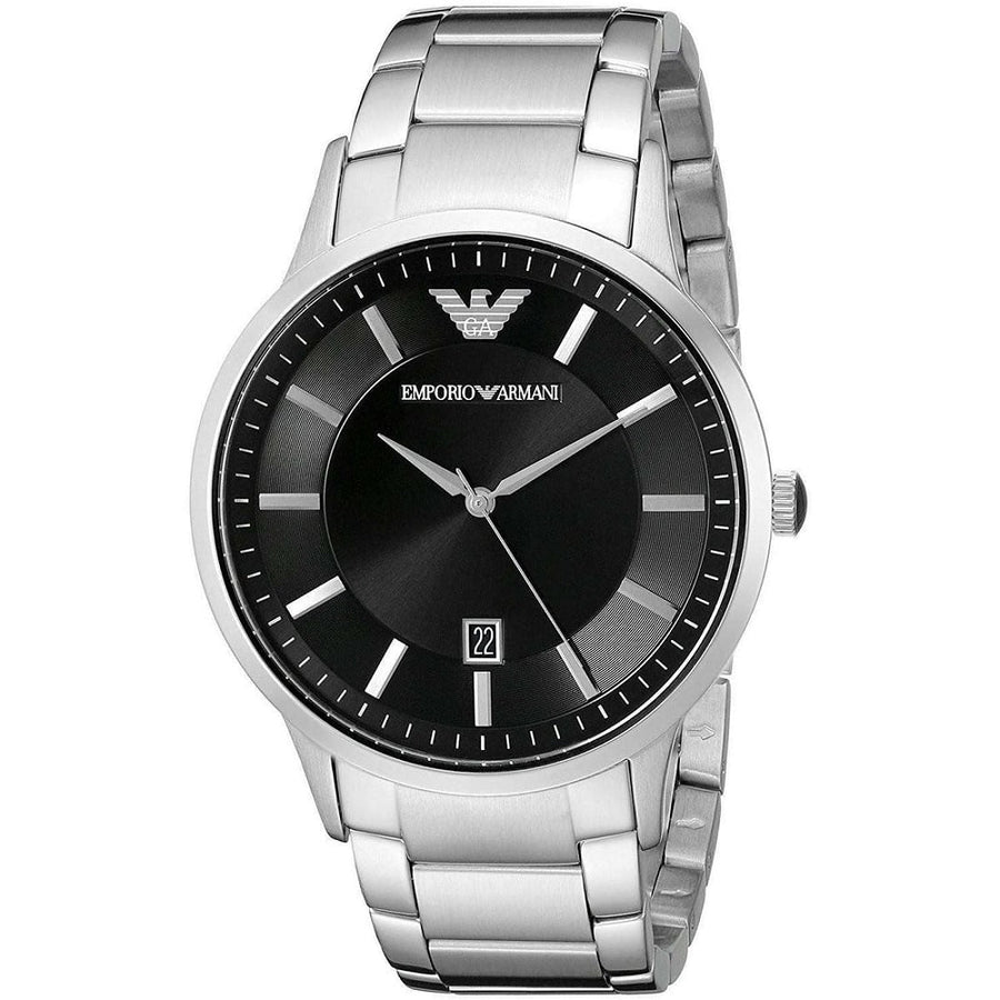 Front view of Emporio Armani AR2457 with black dial and stainless steel strap