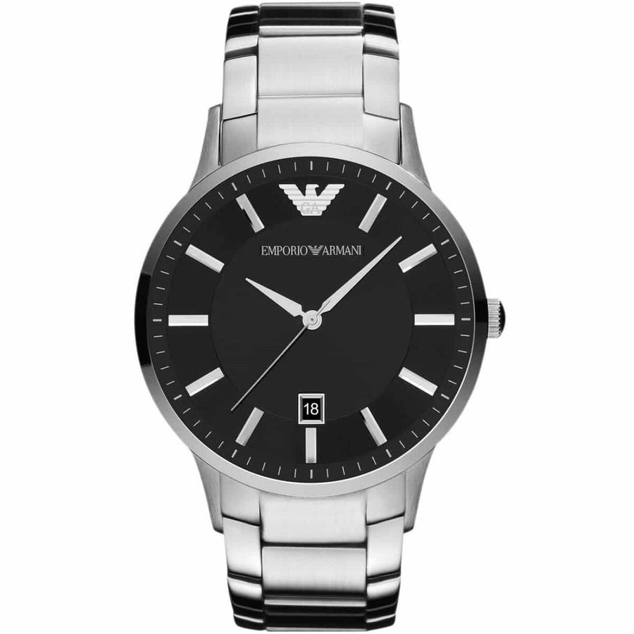 Front view of Emporio Armani AR2457 with black dial and stainless steel strap
