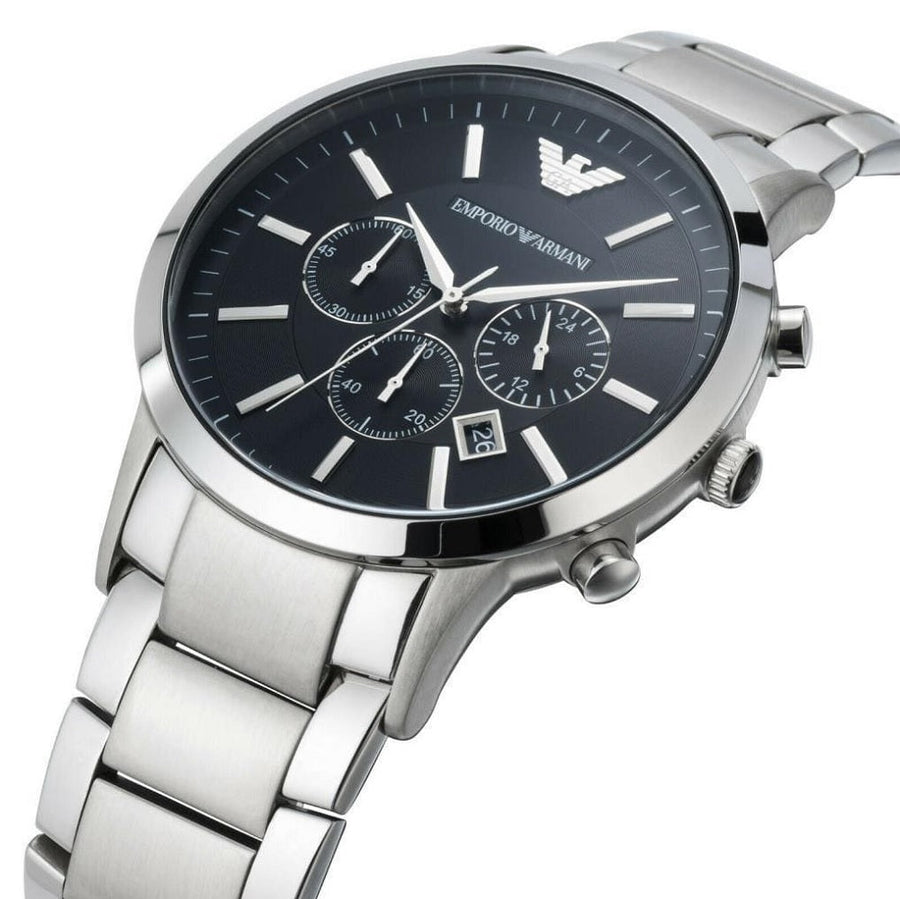 Front view of Emporio Armani AR2460 with silver bracelet and black dial