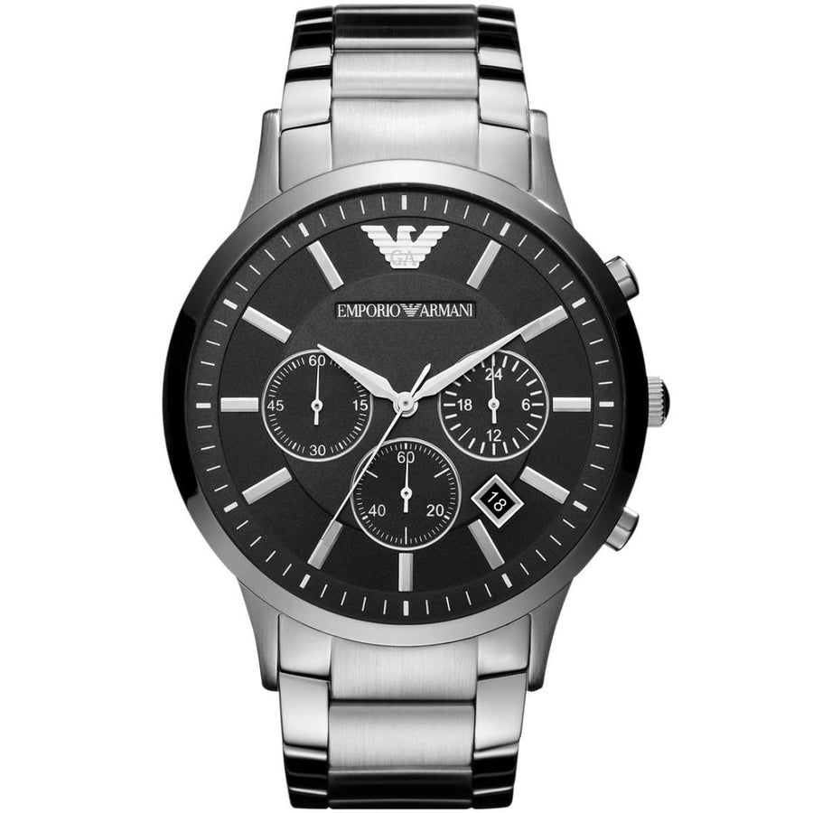 Front view of Emporio Armani AR2460 with silver bracelet and black dial