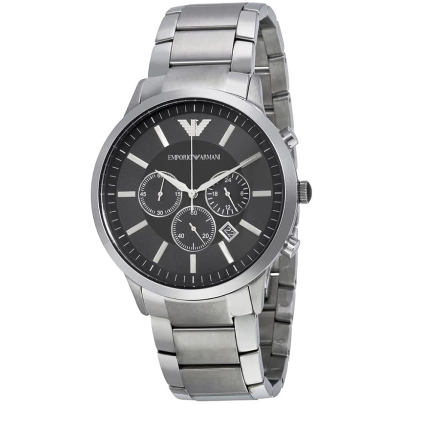 Front view of Emporio Armani AR2460 with silver bracelet and black dial