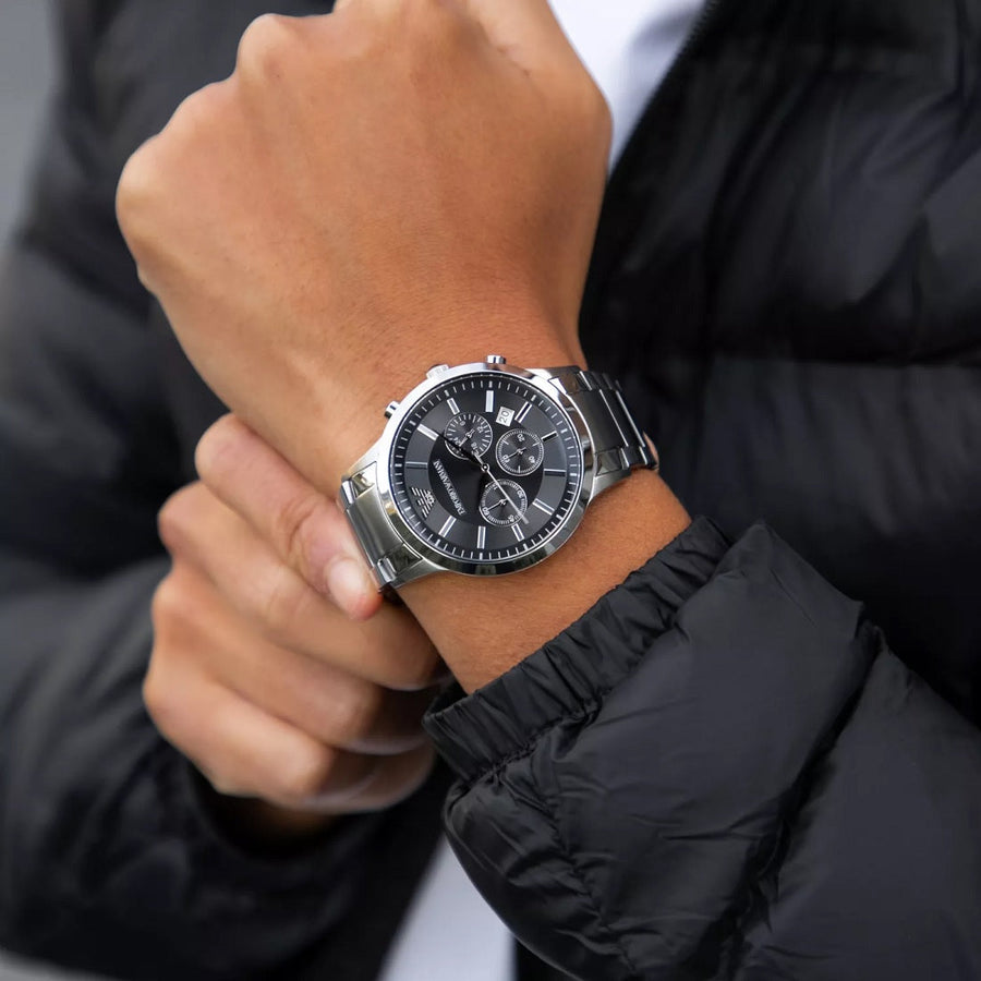 Front view of Emporio Armani AR2460 with silver bracelet and black dial