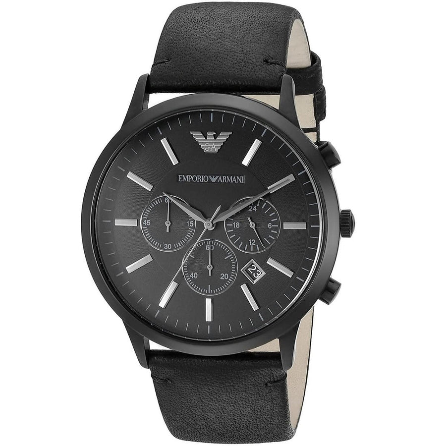 Front view of Emporio Armani AR2461 men’s watch with black leather strap and black dial