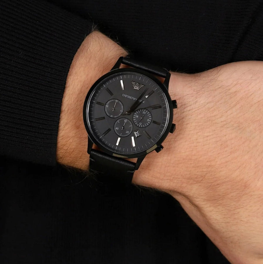 Front view of Emporio Armani AR2461 men’s watch with black leather strap and black dial
