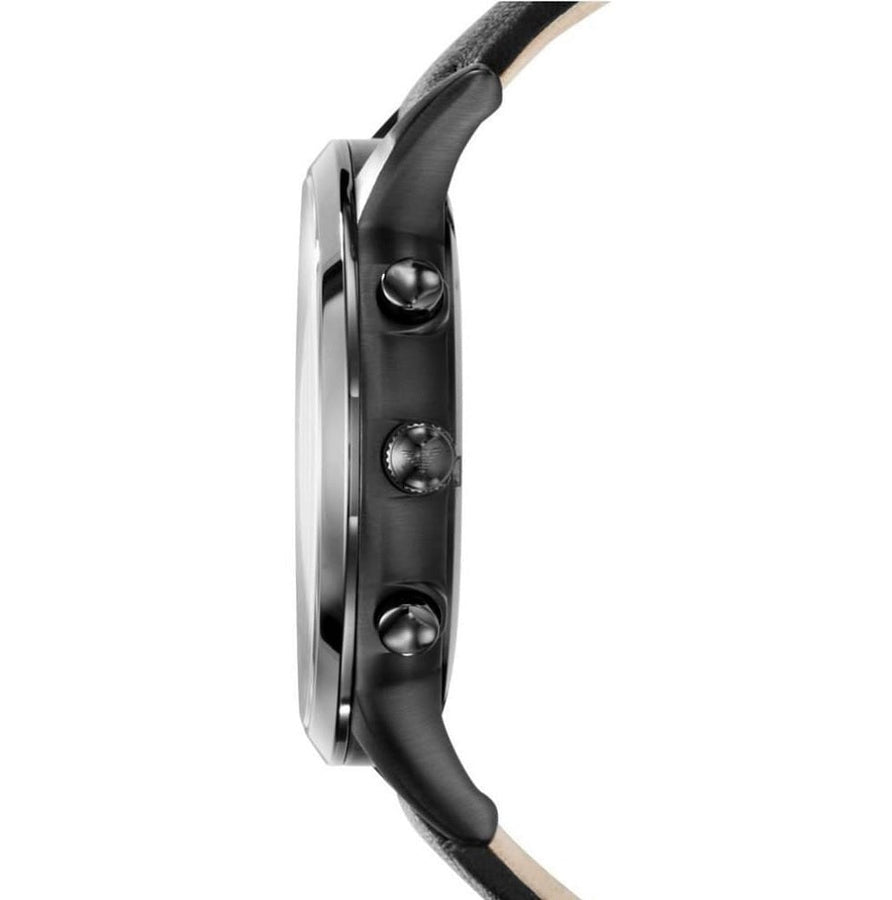 Front view of Emporio Armani AR2461 men’s watch with black leather strap and black dial