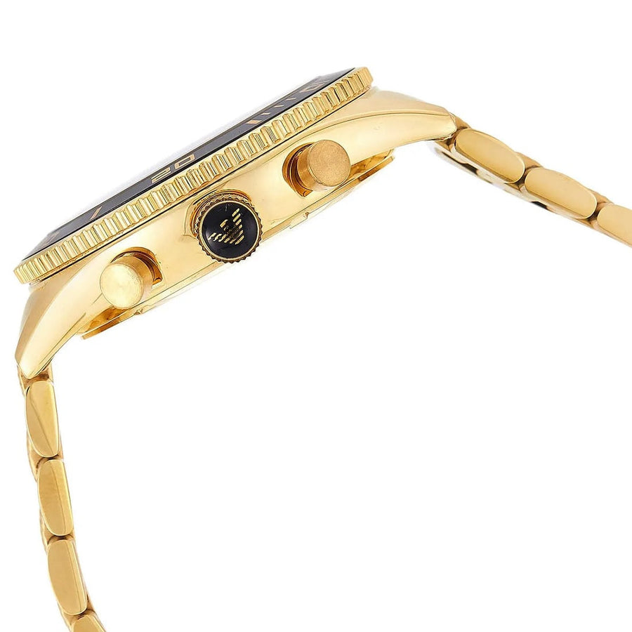 Front view of Emporio Armani AR5857 men’s watch with yellow gold strap and black dial