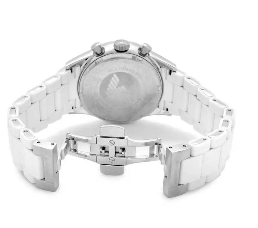 Front view of Emporio Armani AR5859 Sportivo men’s watch with silicone white strap, white dial, and silver case