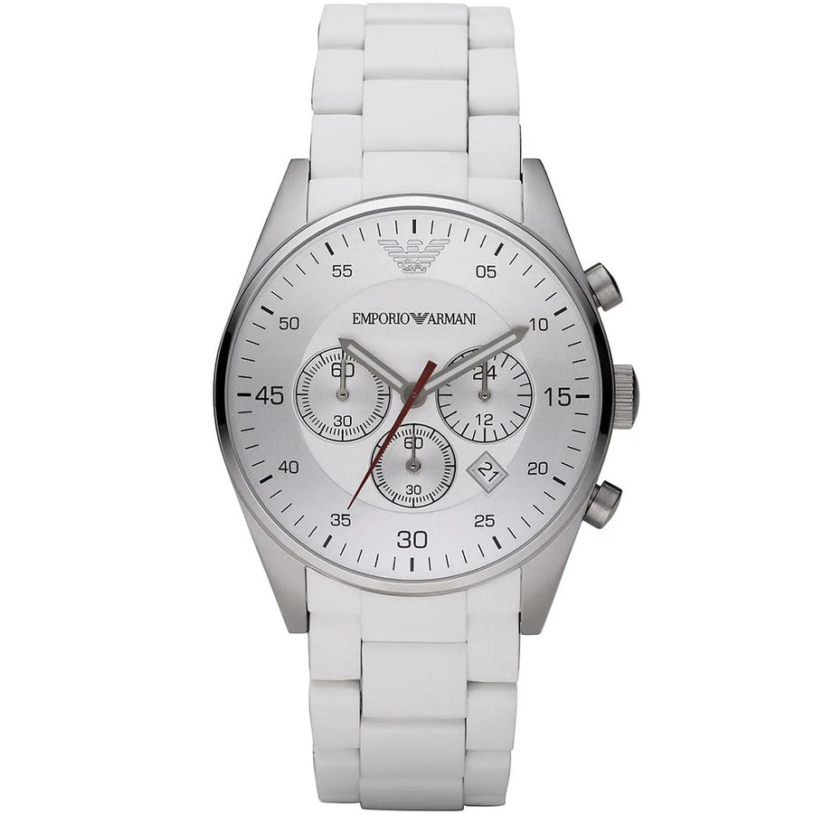 Front view of Emporio Armani AR5859 Sportivo men’s watch with silicone white strap, white dial, and silver case