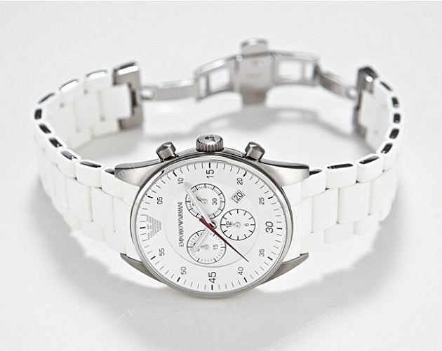 Front view of Emporio Armani AR5859 Sportivo men’s watch with silicone white strap, white dial, and silver case