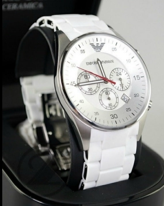 Front view of Emporio Armani AR5859 Sportivo men’s watch with silicone white strap, white dial, and silver case