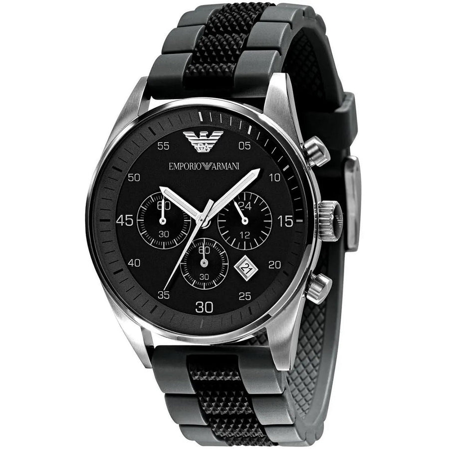 Front view of Emporio Armani AR5866 Sportivo men’s watch with black and grey silicone strap and silver case