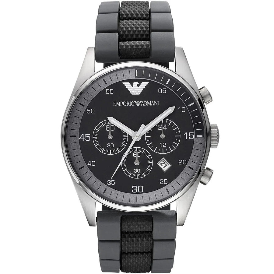 Front view of Emporio Armani AR5866 Sportivo men’s watch with black and grey silicone strap and silver case