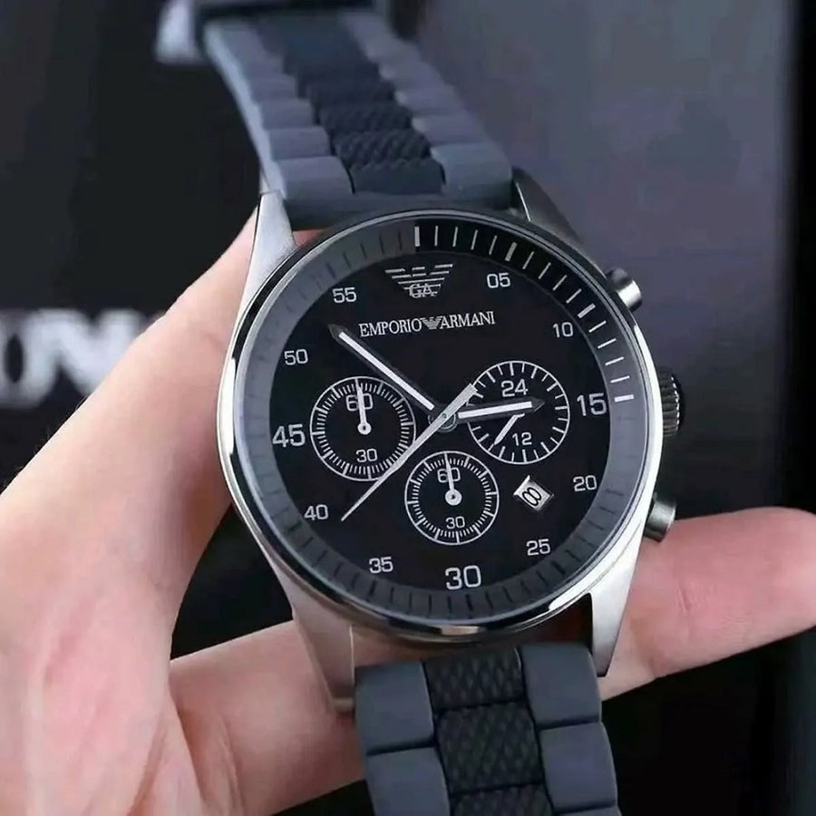 Front view of Emporio Armani AR5866 Sportivo men’s watch with black and grey silicone strap and silver case