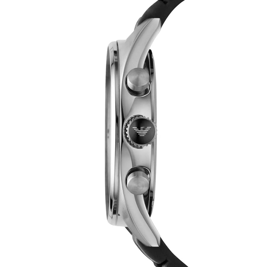 Front view of Emporio Armani AR5866 Sportivo men’s watch with black and grey silicone strap and silver case