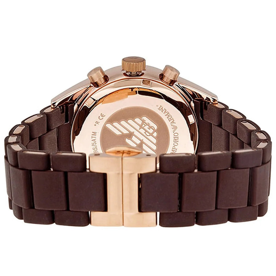Front view of Emporio Armani AR5890 Sportivo men’s watch with brown silicone strap and rose gold case
