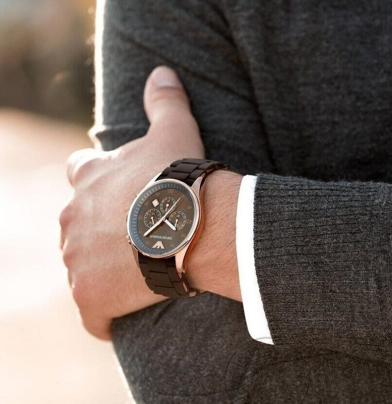 Front view of Emporio Armani AR5890 Sportivo men’s watch with brown silicone strap and rose gold case