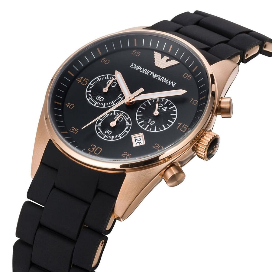 Front view of Emporio Armani AR5905 Sportivo men’s watch with black silicone strap and rose gold case