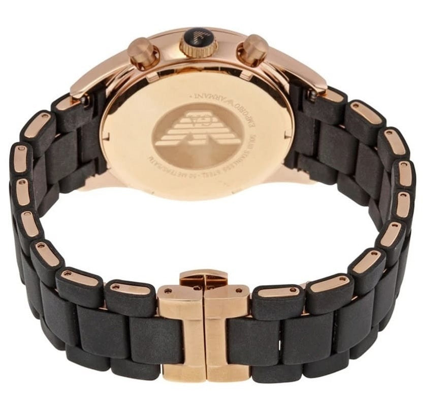 Front view of Emporio Armani AR5905 Sportivo men’s watch with black silicone strap and rose gold case