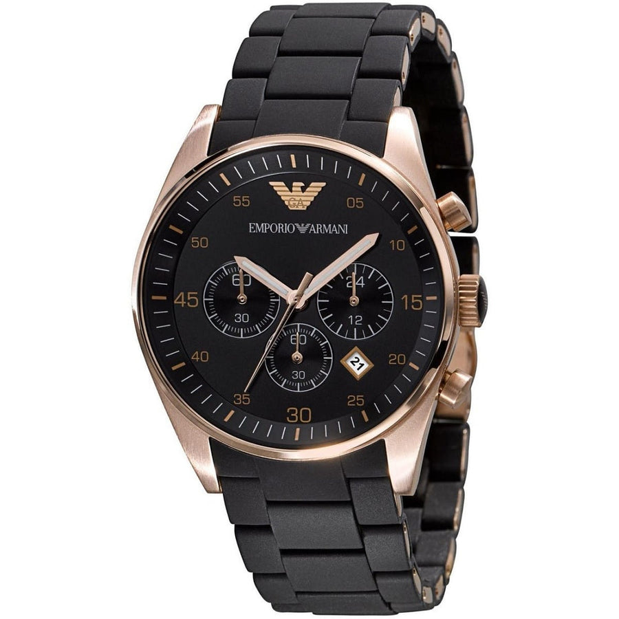 Front view of Emporio Armani AR5905 Sportivo men’s watch with black silicone strap and rose gold case