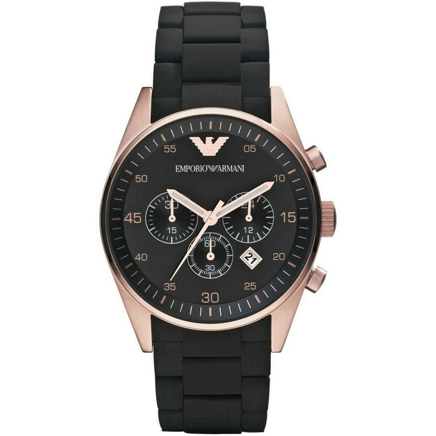 Front view of Emporio Armani AR5905 Sportivo men’s watch with black silicone strap and rose gold case