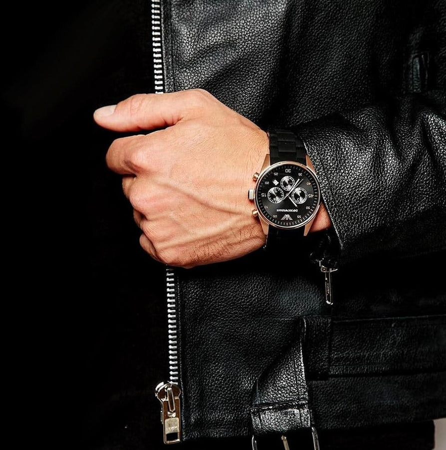 Front view of Emporio Armani AR5905 Sportivo men’s watch with black silicone strap and rose gold case