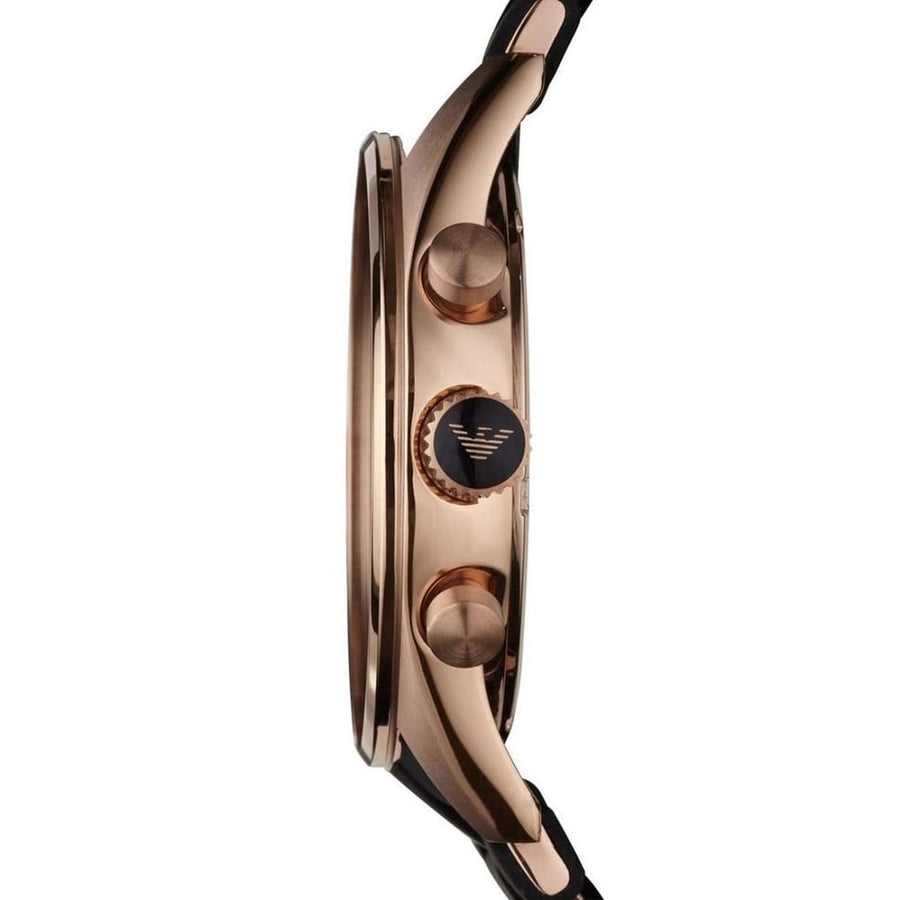 Front view of Emporio Armani AR5905 Sportivo men’s watch with black silicone strap and rose gold case