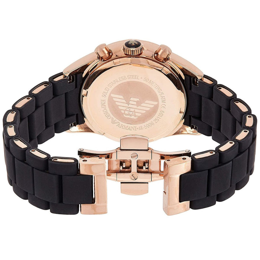 Front view of Emporio Armani AR5906 Sportivo women’s watch with black silicone strap and rose gold case