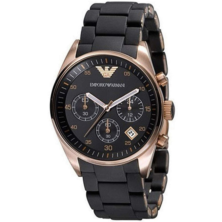 Front view of Emporio Armani AR5906 Sportivo women’s watch with black silicone strap and rose gold case