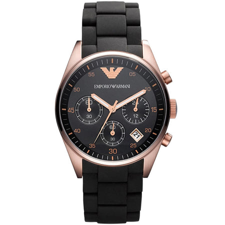 Front view of Emporio Armani AR5906 Sportivo women’s watch with black silicone strap and rose gold case