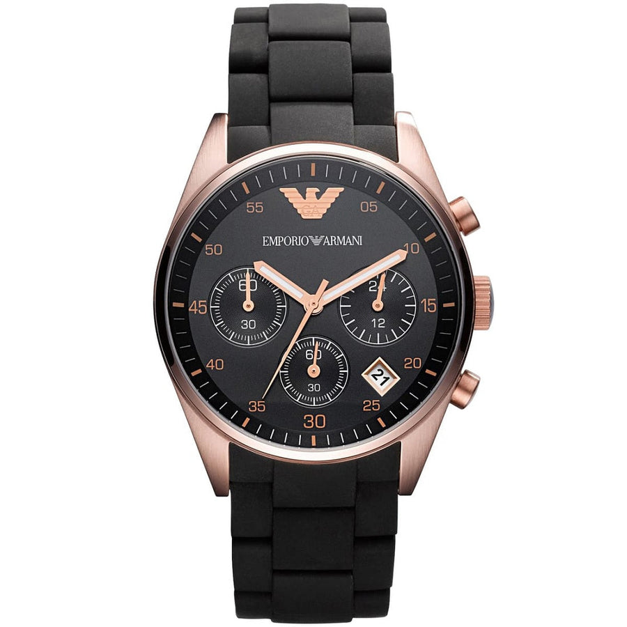 Front view of Emporio Armani AR5906 Sportivo women’s watch with black silicone strap and rose gold case