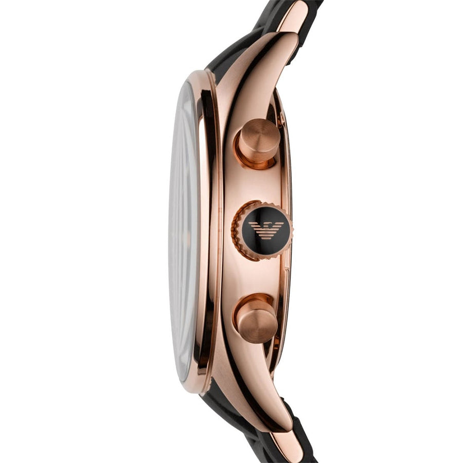 Front view of Emporio Armani AR5906 Sportivo women’s watch with black silicone strap and rose gold case