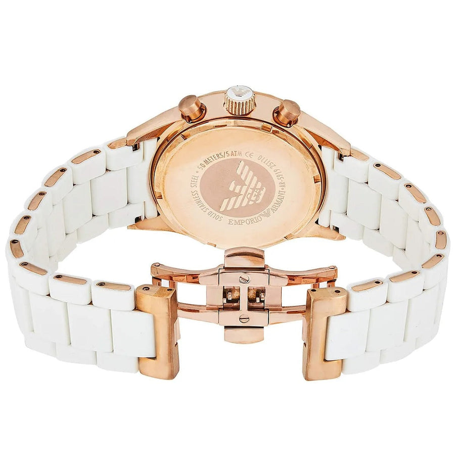 Front view of Emporio Armani AR5919 Sportivo men’s watch with white silicone strap and gold case