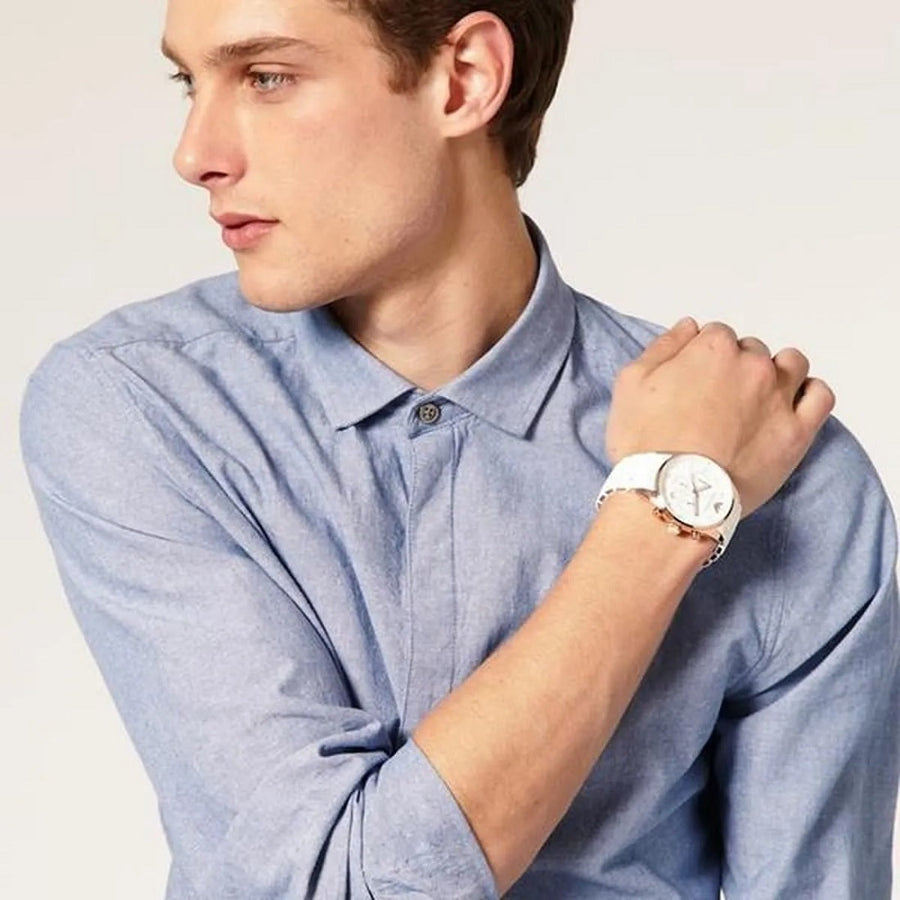 Front view of Emporio Armani AR5919 Sportivo men’s watch with white silicone strap and gold case