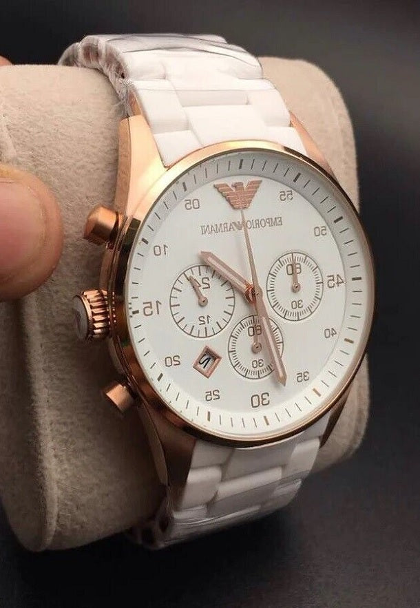 Front view of Emporio Armani AR5919 Sportivo men’s watch with white silicone strap and gold case