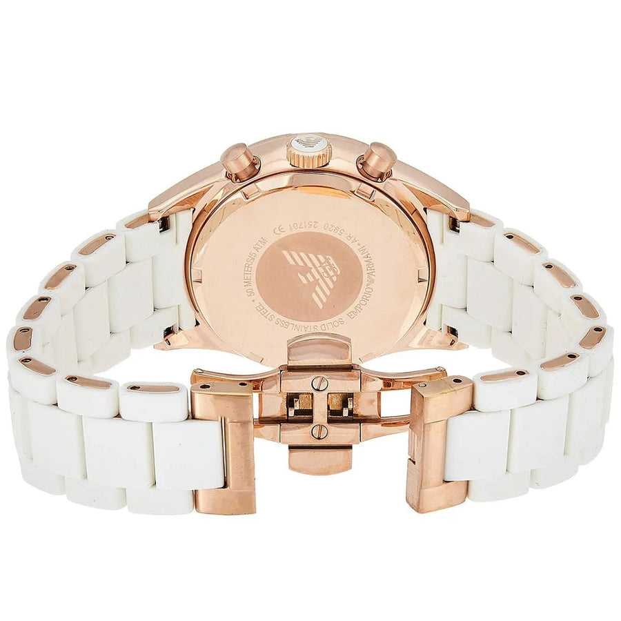 Front view of Emporio Armani AR5920 Sportivo women’s watch with white silicone strap and rose gold case