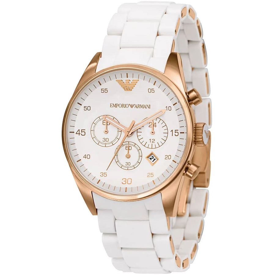Front view of Emporio Armani AR5920 Sportivo women’s watch with white silicone strap and rose gold case