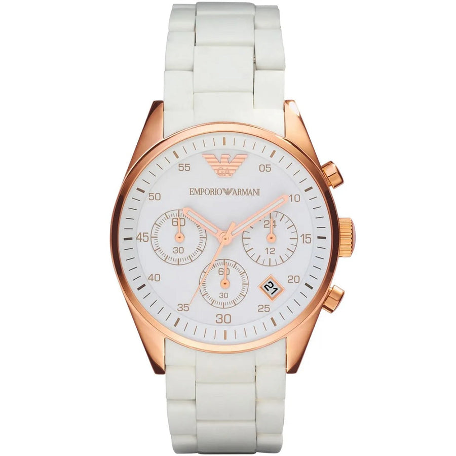 Front view of Emporio Armani AR5920 Sportivo women’s watch with white silicone strap and rose gold case