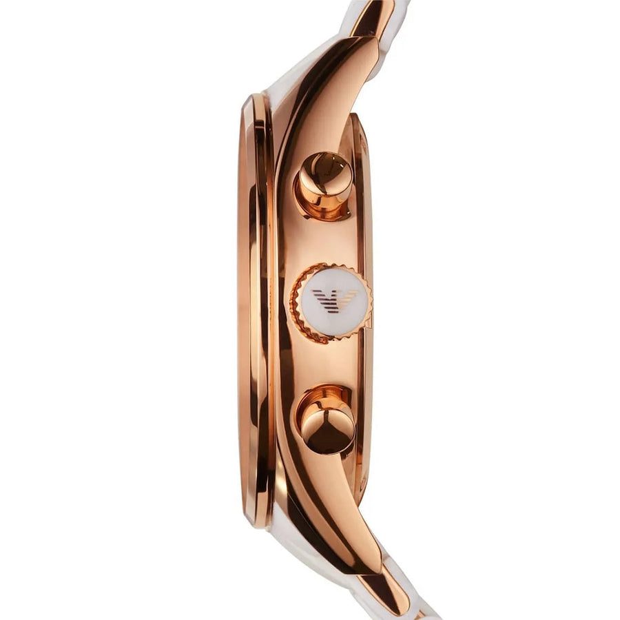 Front view of Emporio Armani AR5920 Sportivo women’s watch with white silicone strap and rose gold case