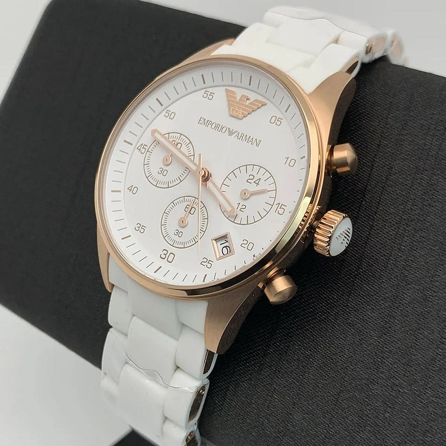 Front view of Emporio Armani AR5920 Sportivo women’s watch with white silicone strap and rose gold case