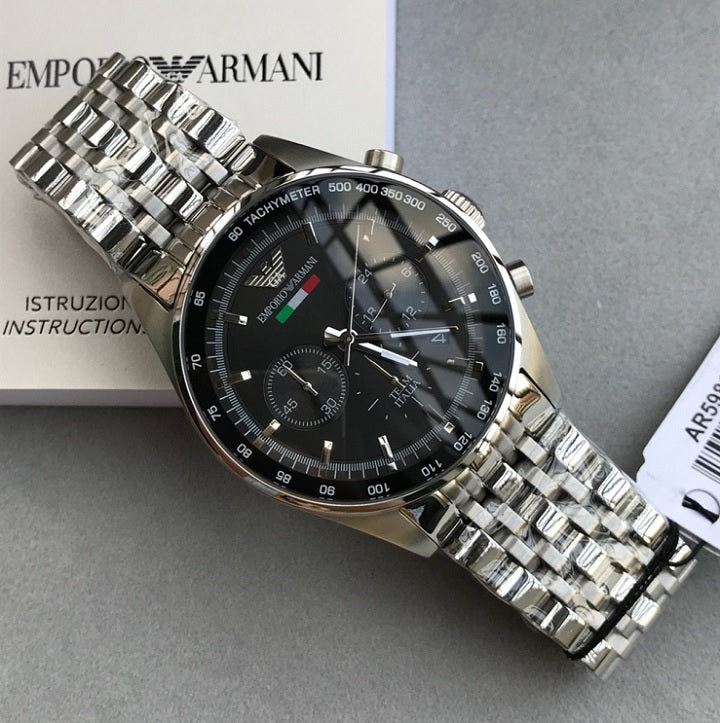 Front view of Emporio Armani AR5983 Tazio men’s watch with black dial and stainless steel silver strap