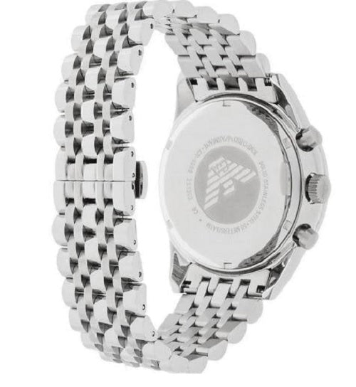Front view of Emporio Armani AR5983 Tazio men’s watch with black dial and stainless steel silver strap