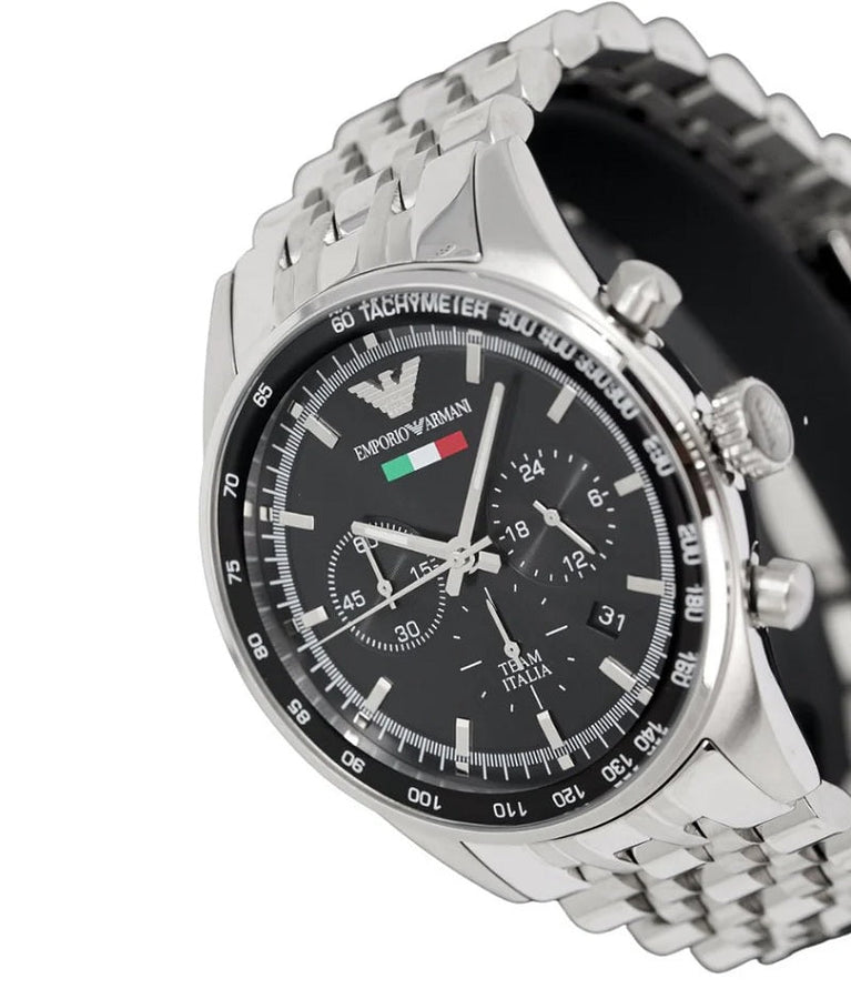 Front view of Emporio Armani AR5983 Tazio men’s watch with black dial and stainless steel silver strap
