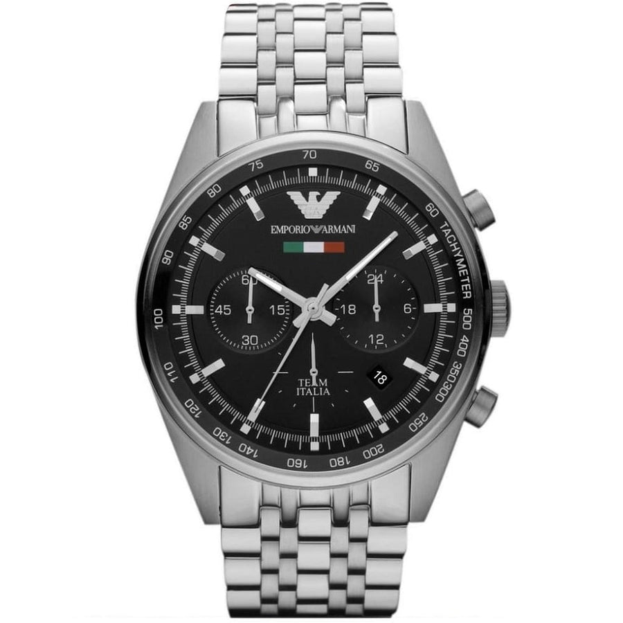 Front view of Emporio Armani AR5983 Tazio men’s watch with black dial and stainless steel silver strap